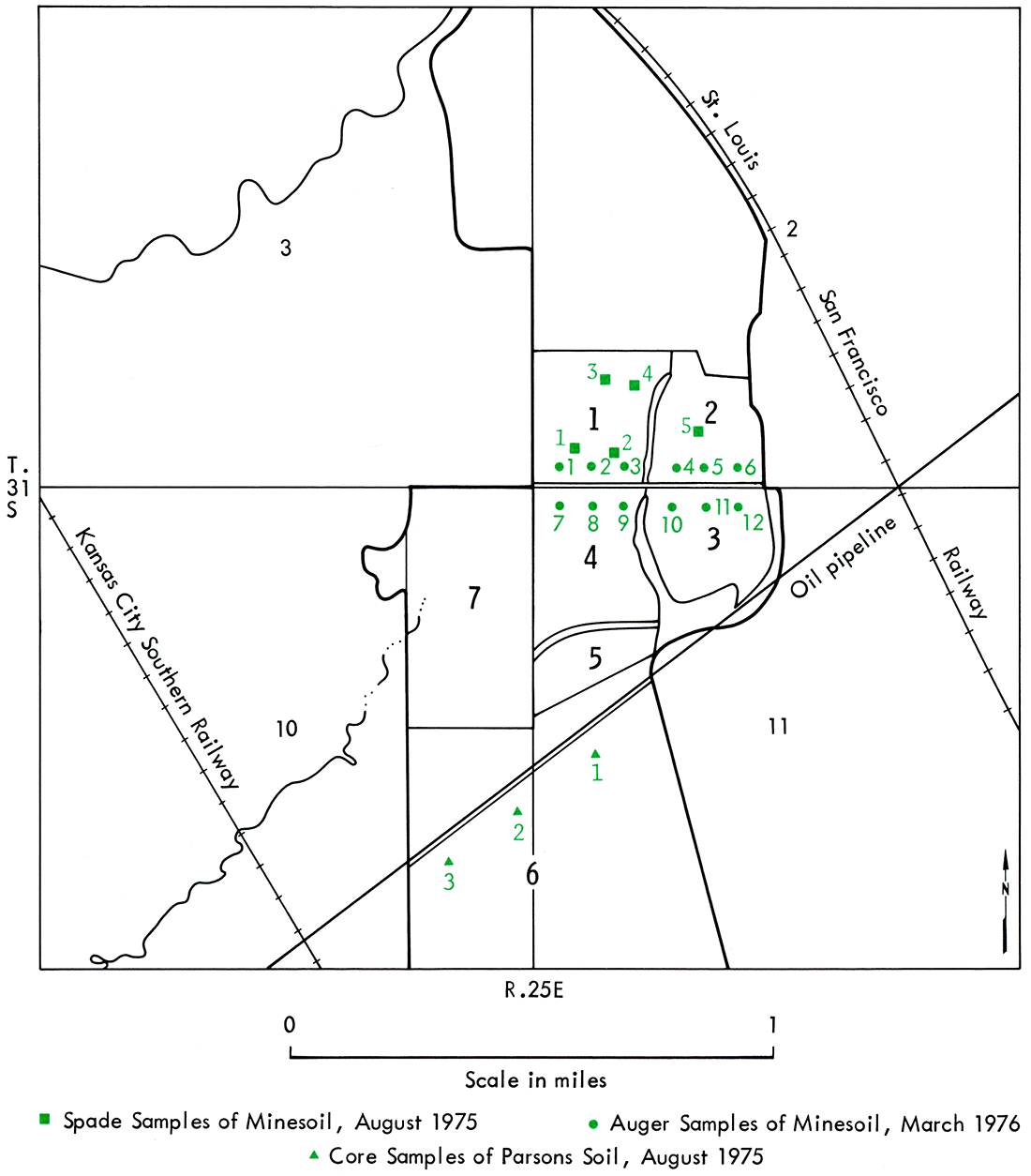 Map of location of soil samples taken for physical and chemical analyses of minesoil.