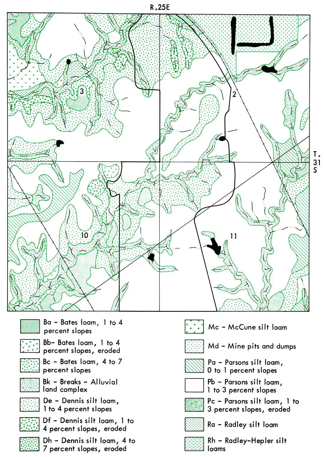 Map of soils of Fields 1-7 before mining.