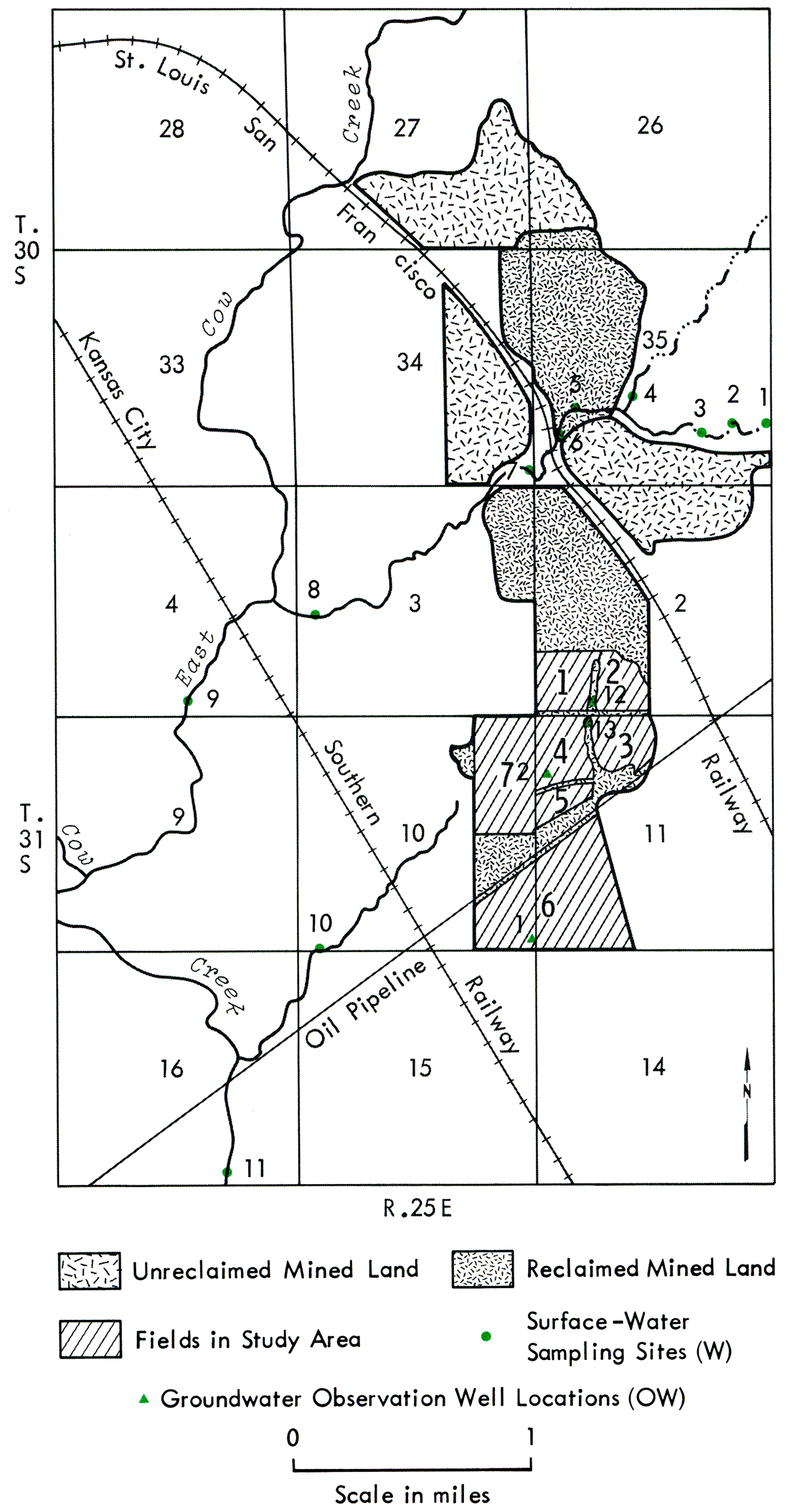 Map of surface-water sampling sites and groundwater observation-well locations.