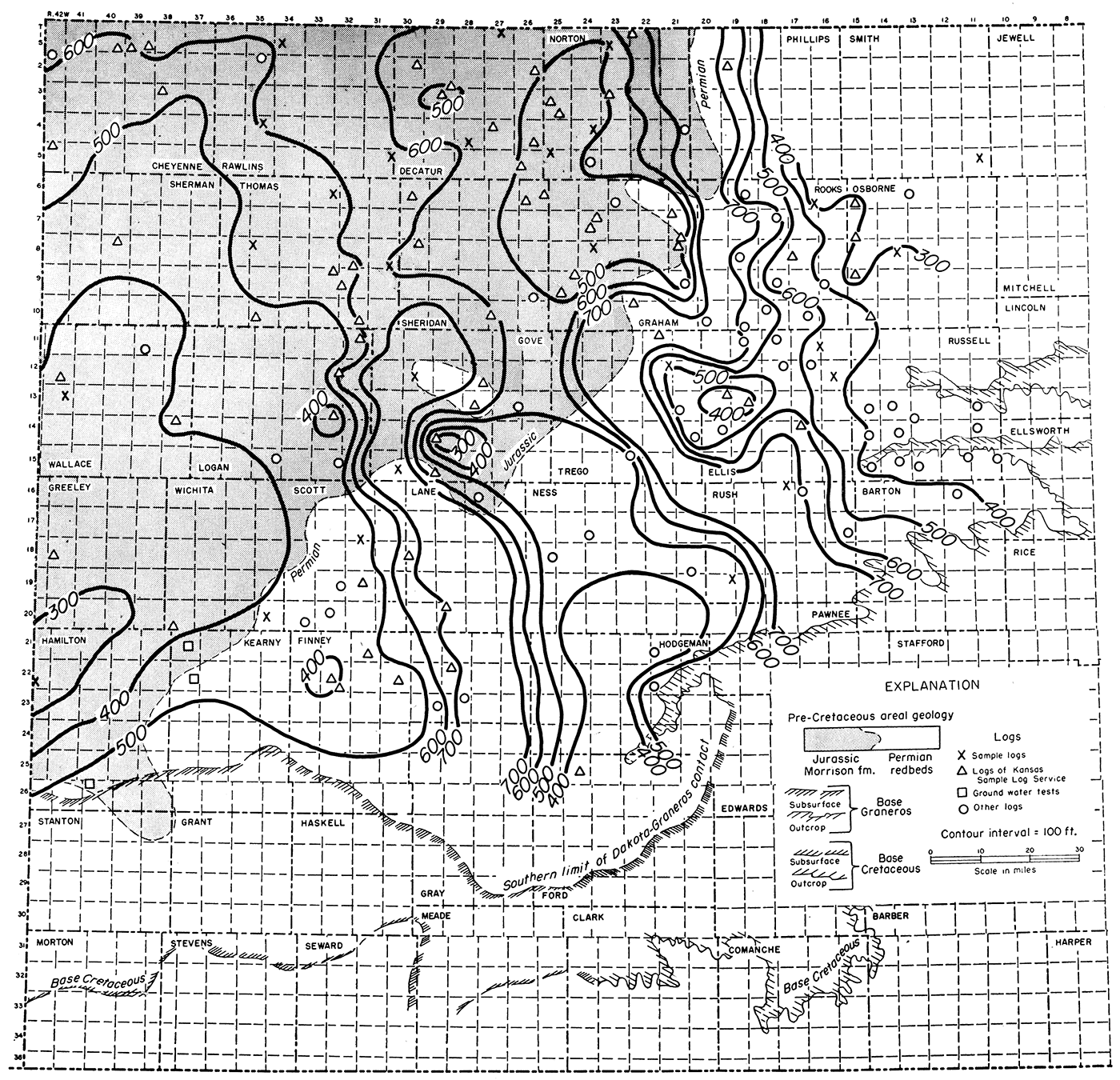 Isopachous map showing by 100-foot contours the thickness of the interval between the top of the Dakota formation and the base of the Cretaceous rocks.