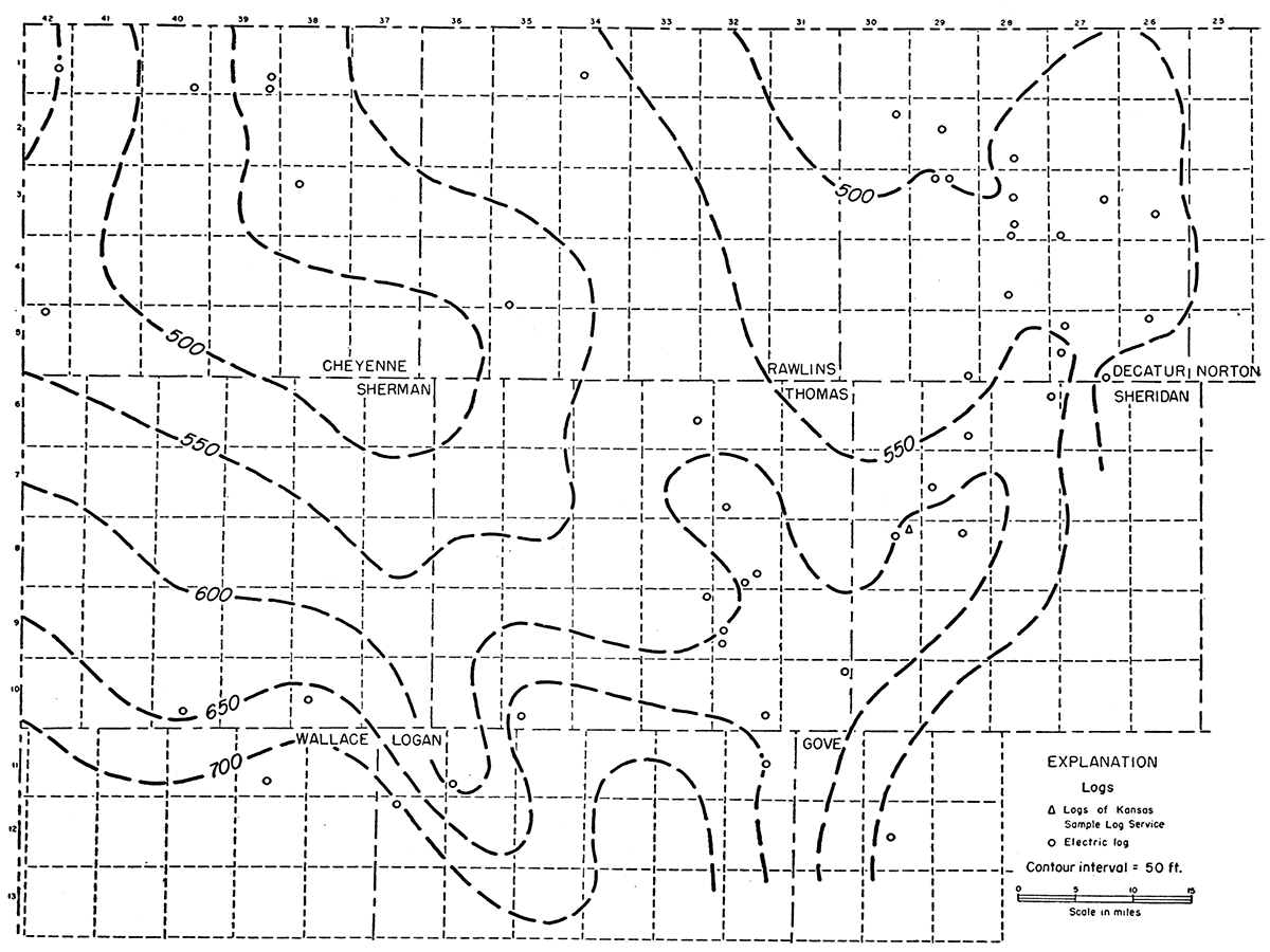 Isopachous map showing by 50-foot contours the thickness of the interval from the top of the Carlile shale to the top of the Niobrara formation (thickness of Niobrara formation).