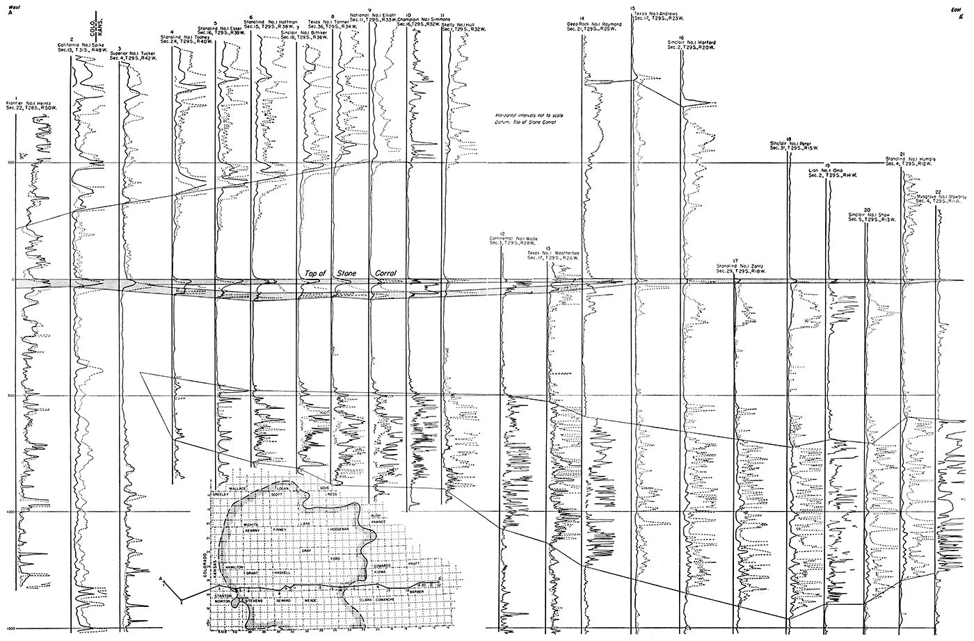 Cross section showing separation of Stone Corral formation into two anhydrite member on line A-A' and inset outlining area in which separation occurs.