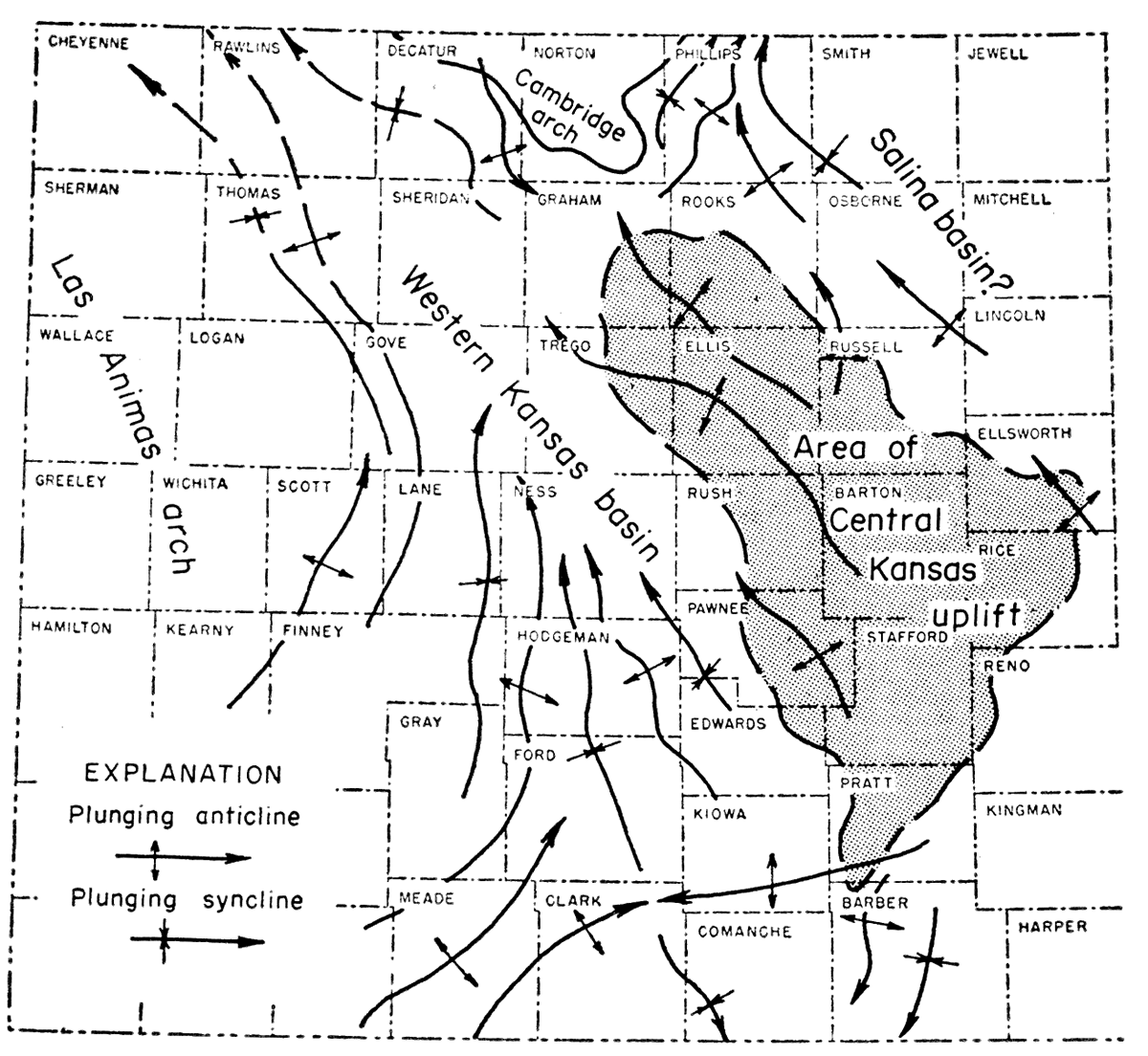 Guide map showing the principal structural elements of the top of the Stone Corral formation as shown on Plate 1.