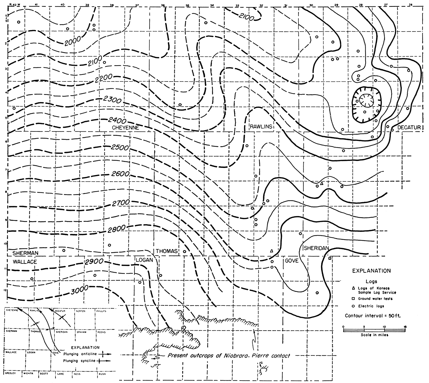 Map showing by 50-foot contours the approximate structure of the top of the Niobrara formation based on widely separated wells, and inset indicating the axes of principal folds.