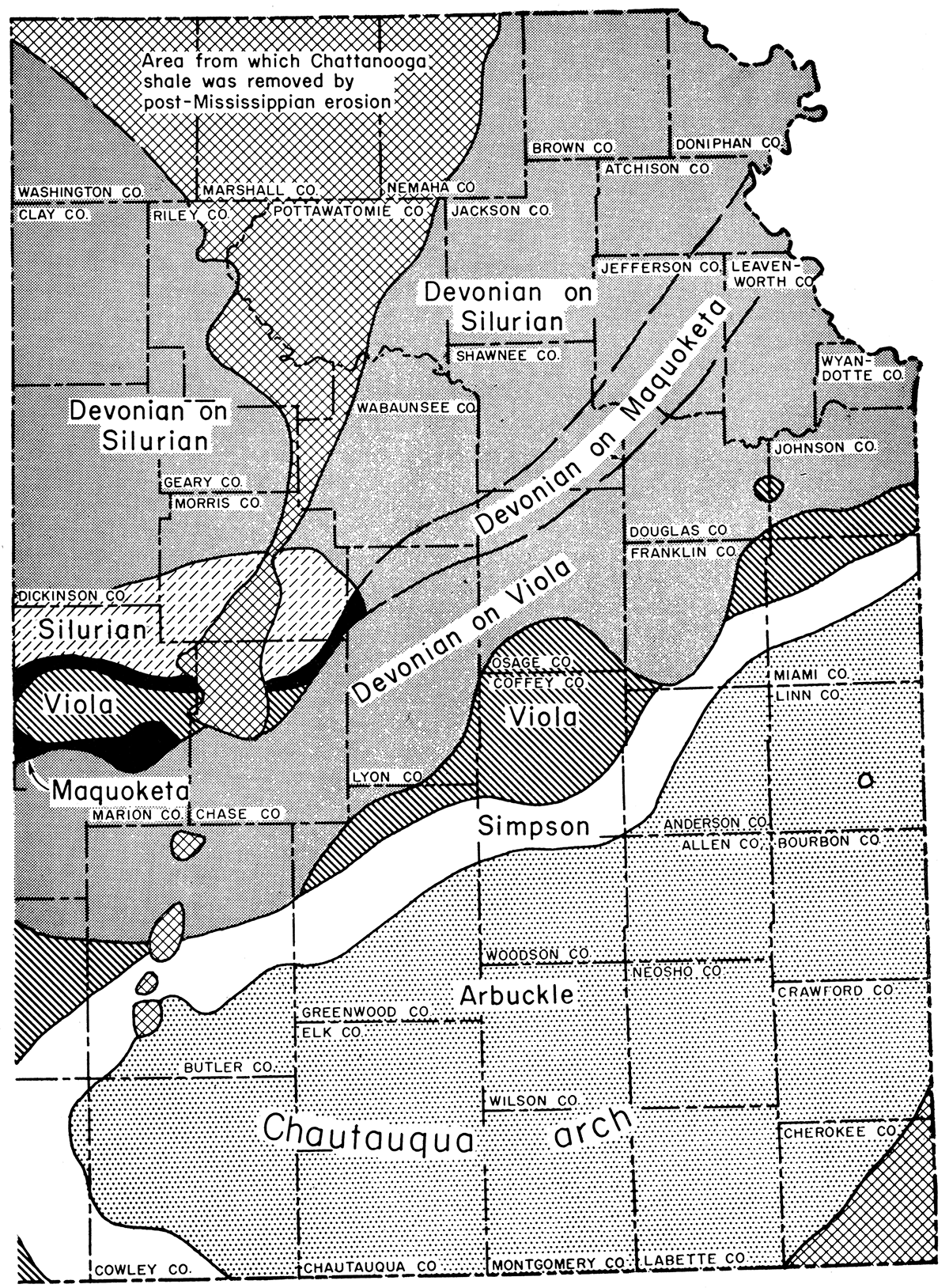 Distribution of formations likely to be encountered immediately below the Chattanooga shale in eastern Kansas.