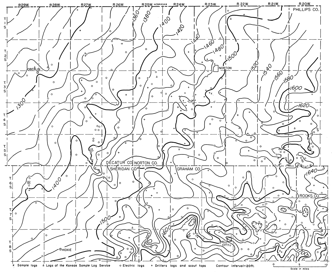 Isopachous map showing by 20-foot isopachs the thickness of the interval from the top of the Lansing group to the top of the Stone Corral formation.