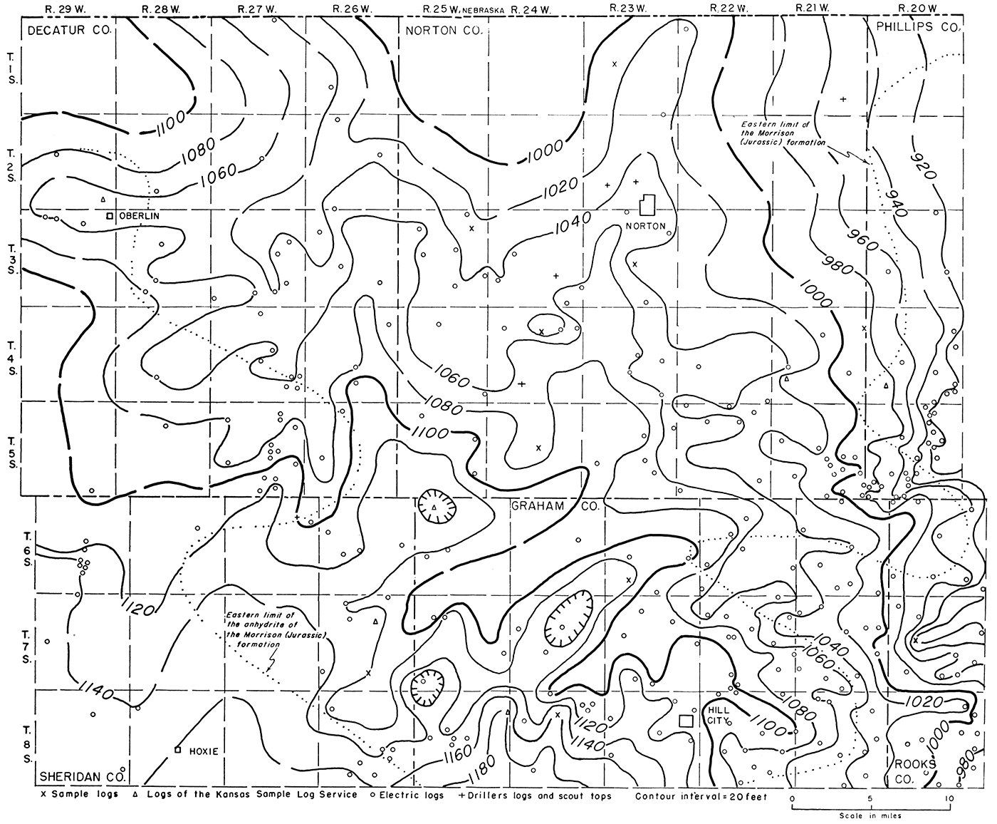 Isopachous map showing by 20-foot isopachs the thickness of the interval from the top of the Stone Corral formation to the top of the Dakota formation.
