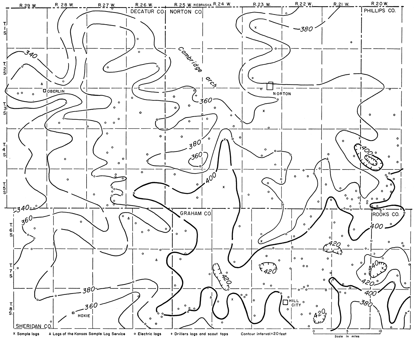 Isopachous map showing by 20-foot isopachs the thickness of the interval from the top of the Dakota formation to the base of the Fort Hays limestone member of the Niobrara formation.