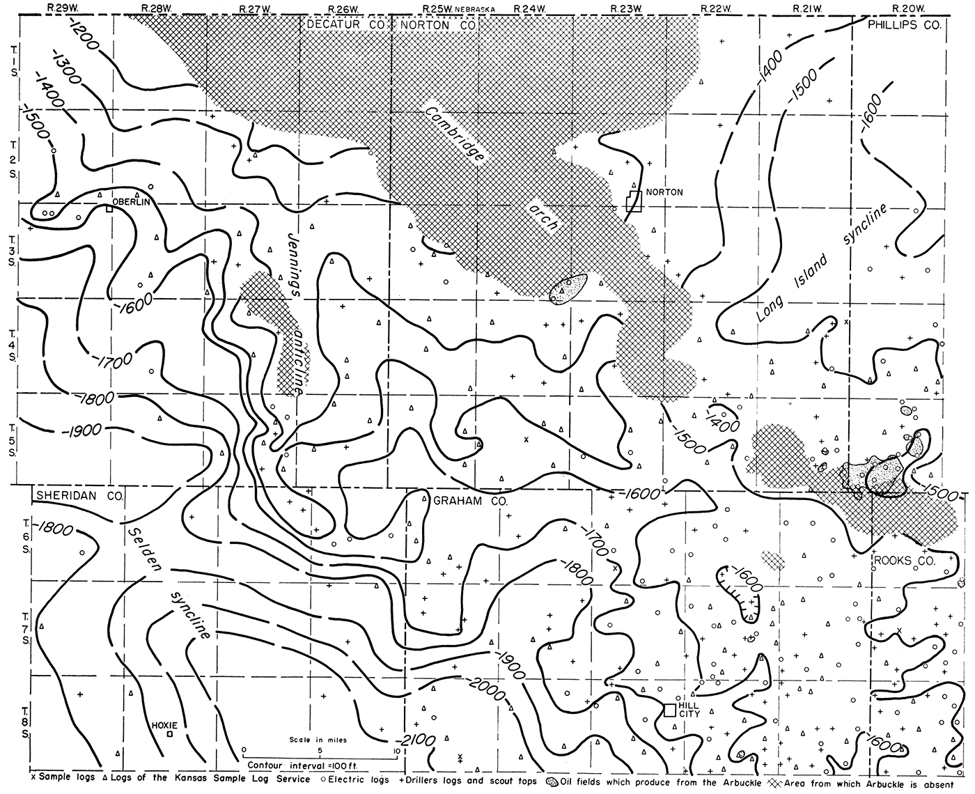 Map showing by 100-foot contours the structure on the top of the Arbuckle group and position of the oil fields that produce from the Arbuckle.