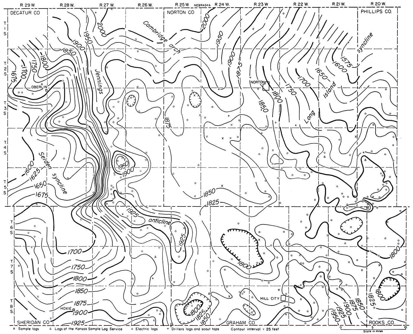 Map showing by 25-foot contours the structure on the base of the Fort Hays limestone member of the Niobrara formation.