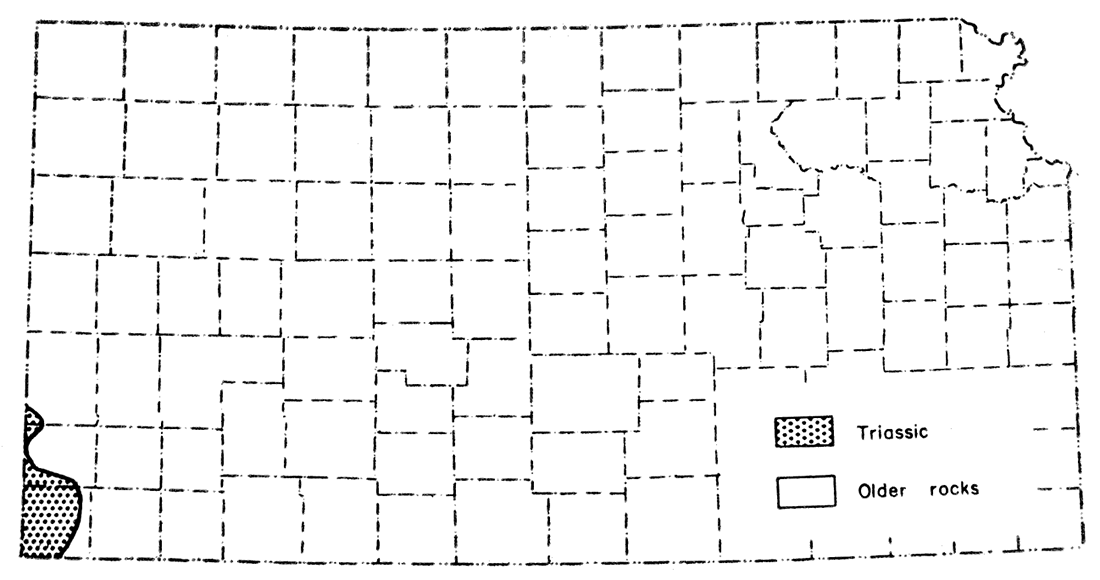 Map showing geographic distribution of rocks of Triassic age in Kansas.