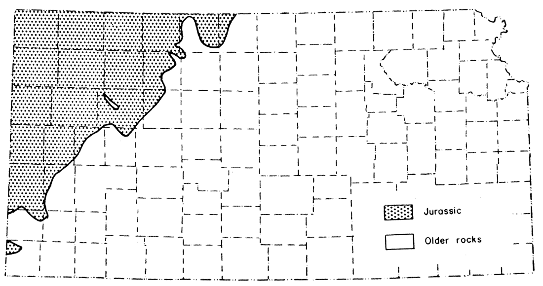 Map showing geographic distribution of rocks of Jurassic age in Kansas.
