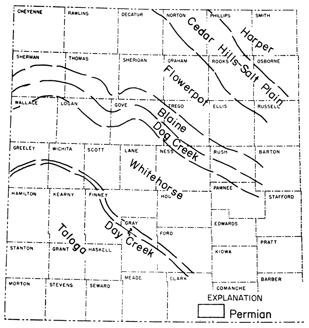 Map of western Kansas showing the inferred pre-Triassic areal geology.