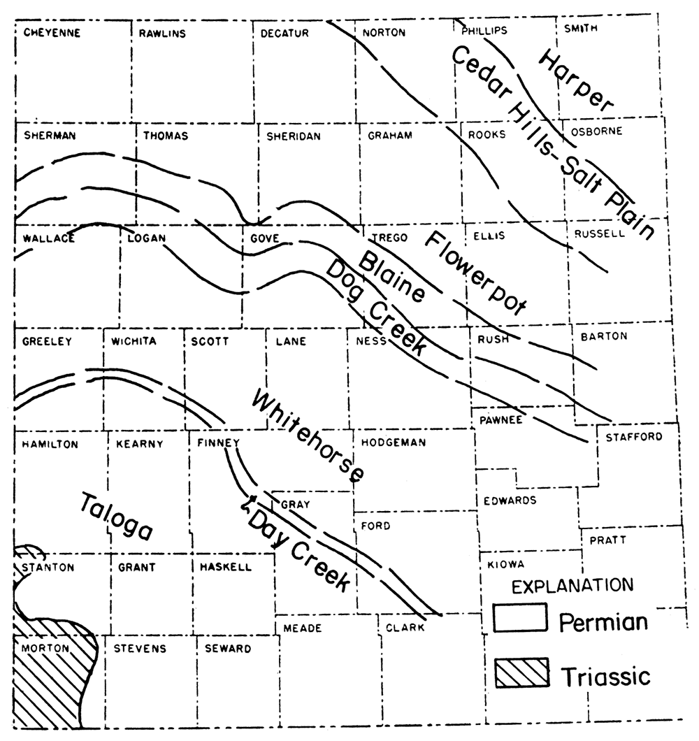Map of western Kansas showing the inferred pre-Jurassic areal geology.