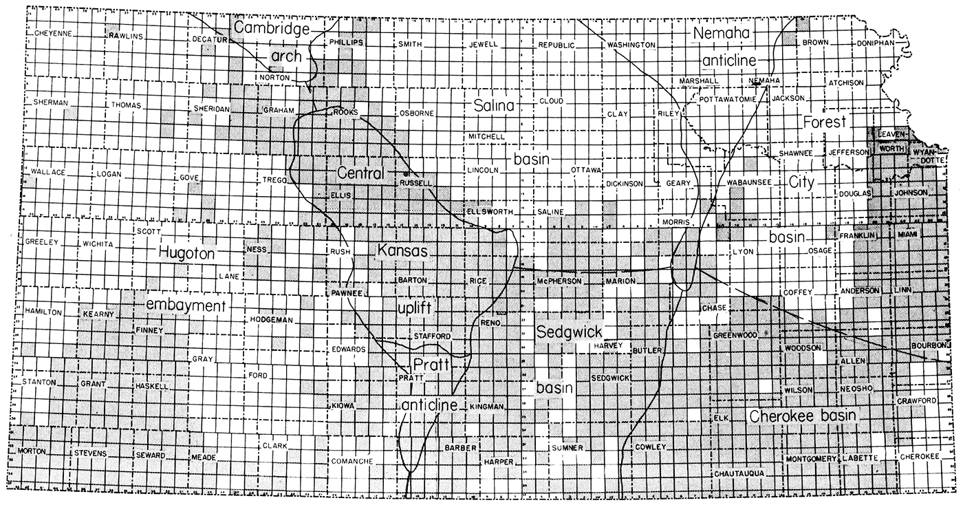 Map of Kansas oil and gas producing townships of record.