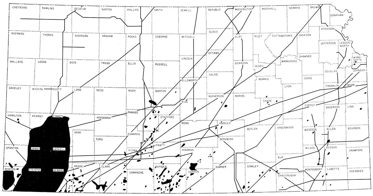 Map of Kansas showing location of active gas fields and main gas transmission lines.