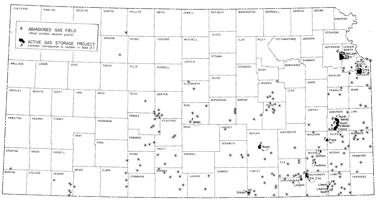 Map of Kansas showing location of abandoned gas fields and active gas storage projects.
