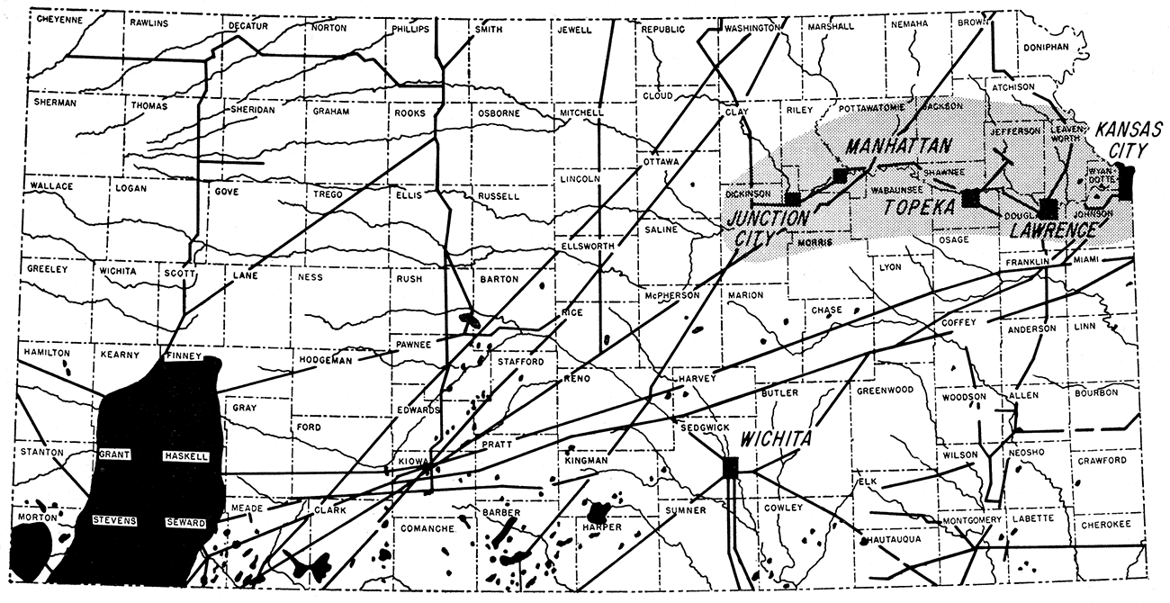 Map of Kansas showing location of active gas fields, main gas transmission lines, and some cities along the Kansas River Valley.