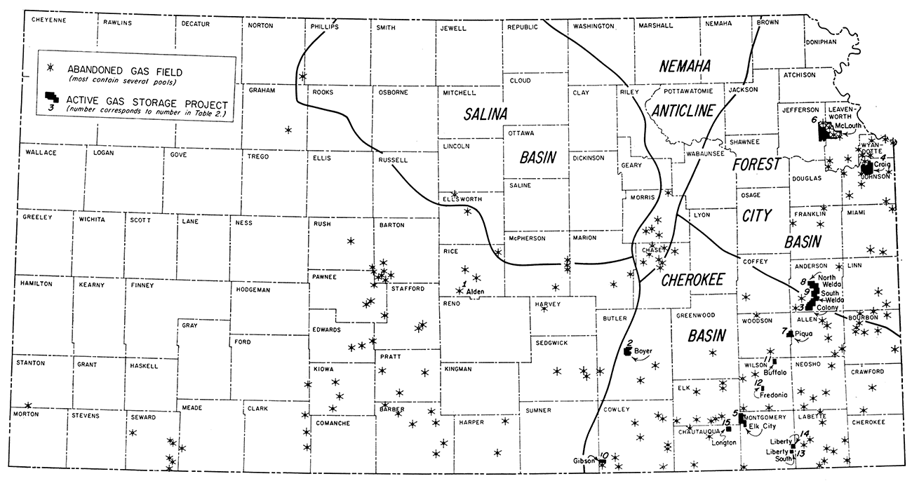 Map of Kansas showing location of abandoned gas fields, active gas storage projects, and major post-Mississippian structural provinces in eastern Kansas.