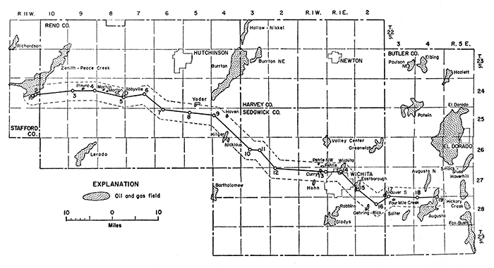 Oil and gas fields within 2 miles of cross section location.