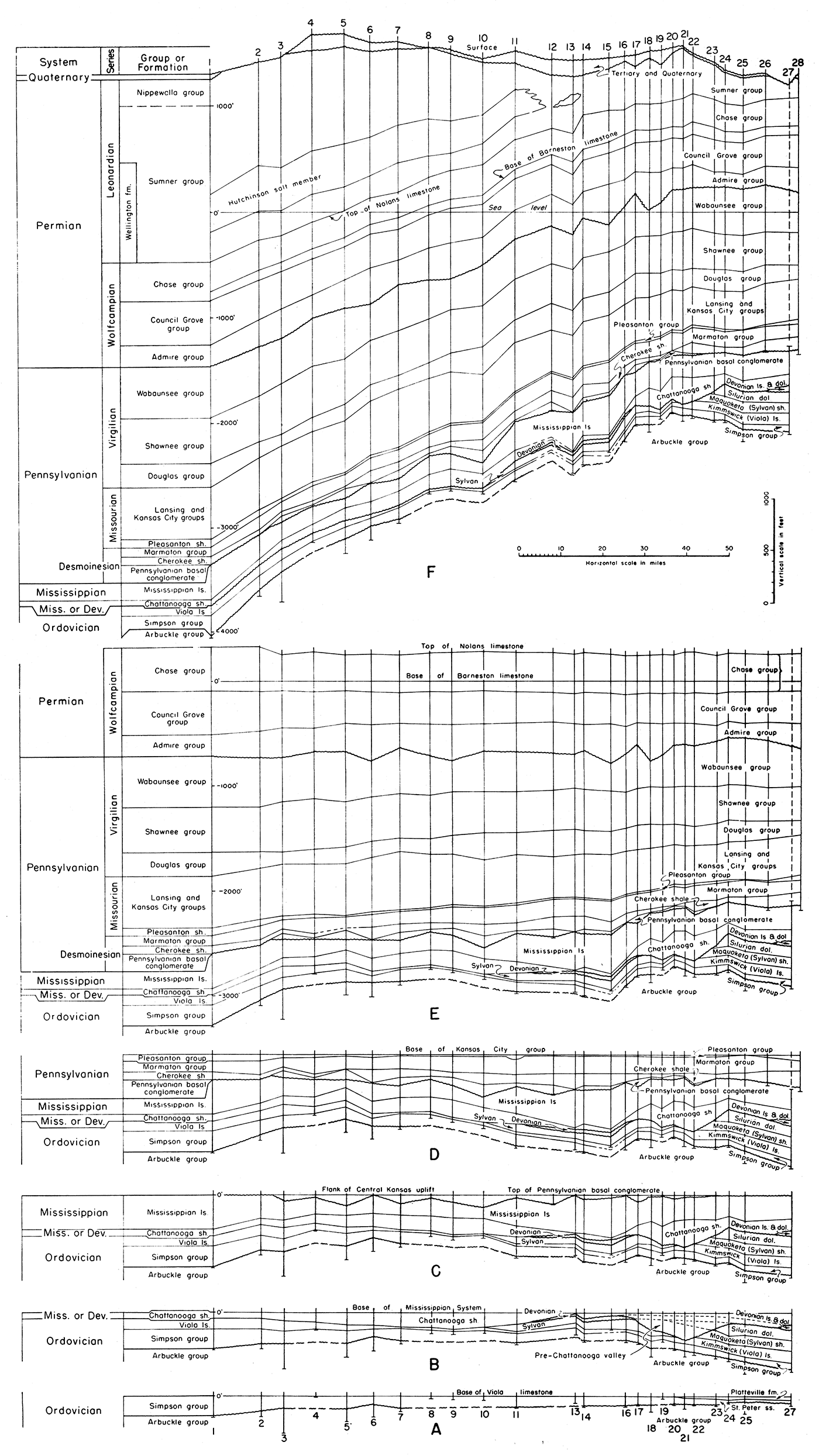 Skeletonized cross sections on the line of the large cross section showing the development of structure by correlation of logs on successive beveled or depositional surfaces
