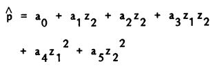 Porosity equals ao + a1z1 + a2z2 + a3z1z2 + a4z1^2 + a4z2^2.