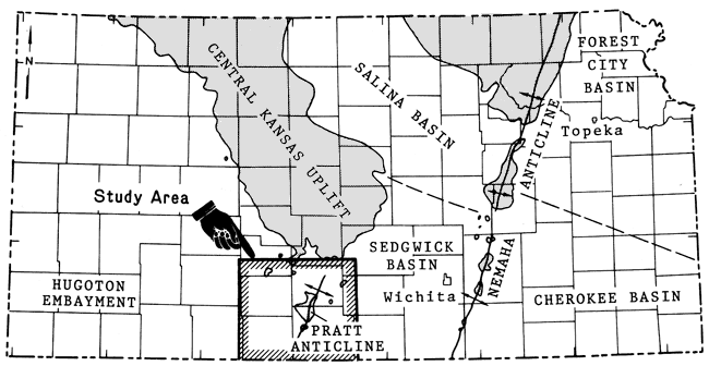 Study area in south-central Kansas between Sedgwick basin and Hugoton embayment and south of Central Kansas uplift.