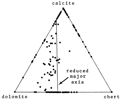 Most points fall in calcite-dolomite side of triangle; vertical line is best fit, is off to side from center of triangle.