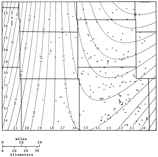 Limestone porosity as high as 5.25 in NE, drops of 3.75 in middle of area, then to 1 in far west.