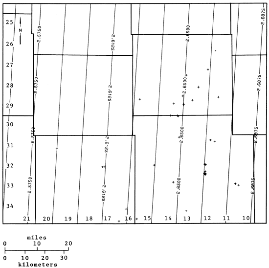 Bulk-density variation as high as 2.687 in east and drops to west at 2.5750.