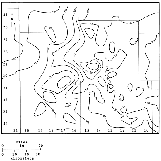 Viola thickest just southwest of center at 60 meters, rises to 80 in NW and drops to we in east-central.