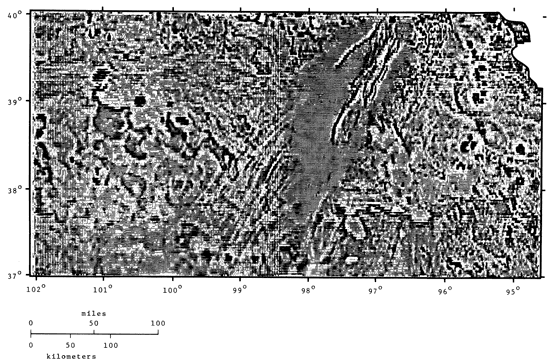 Second derivative map of magnetic field intensity, all of Kansas.