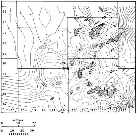 Many oil and gas field located near zones of higher porosity; more field in east and fewer in west.