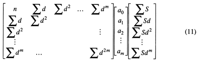 Matrix equation relating sums of depths, coefficients and the sums of the shale values.