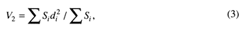 V1 (second moment) = (sum of Si times di squared) divided by the (sum of Si).