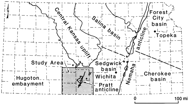 Study area is in south-central Kansas, south of Central Kansa uplift and between Sedgwick basin and Hugoton Embayment; Pratt anticline is within study area.