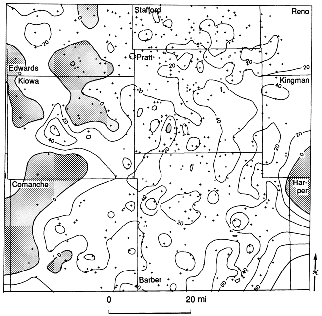 Unit C has thickness of 20-40 in much of central study area, rises to more than 60 in far SE in Barber Co., missing in western Comanche and parts of Kiowa nad Edwards counties.