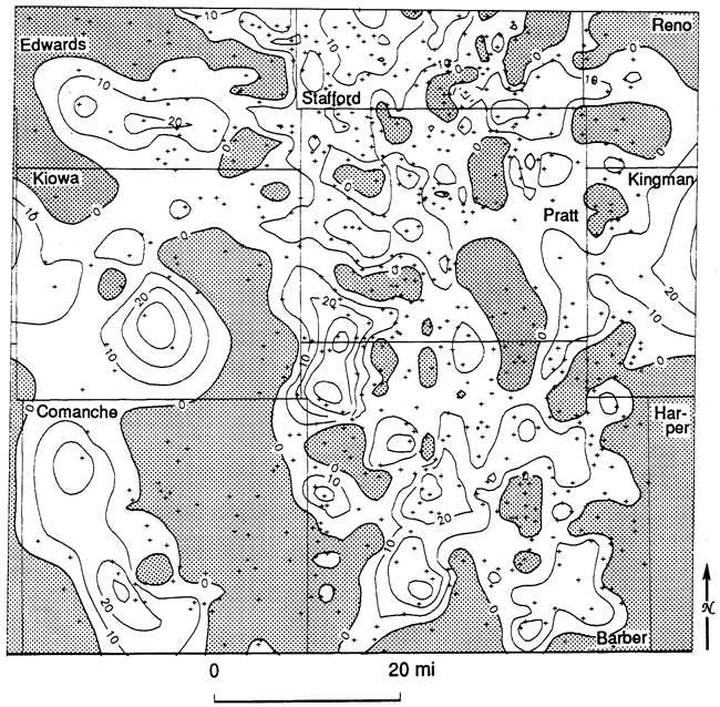 Thickness of unit E less than 200 in most of study area, with many areas where upper shale unit is missing.