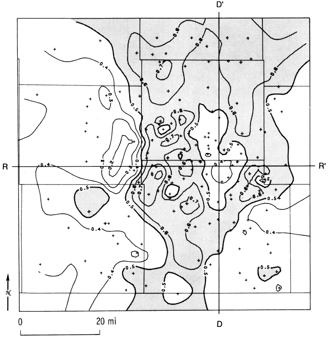 Shale ration higher than .5 primarily in north-south zone in center of study area.