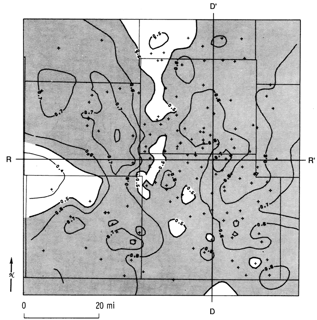 Centers of gravity values higher than .5 located throughout study area except for small areas in west-central, north-central, and central part of area.