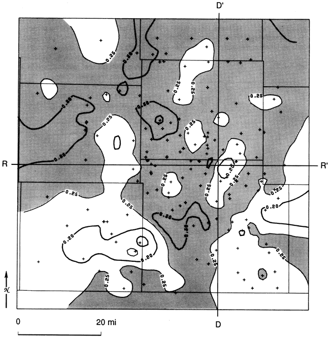 Standard deviations higher than 0.25 are in northeast and northwest areas and in south-central part of study area.