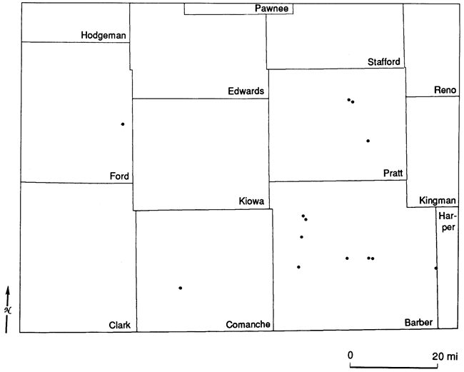 Multiple cores in Barber and Pratt counties; single cores in Ford and Comanche.