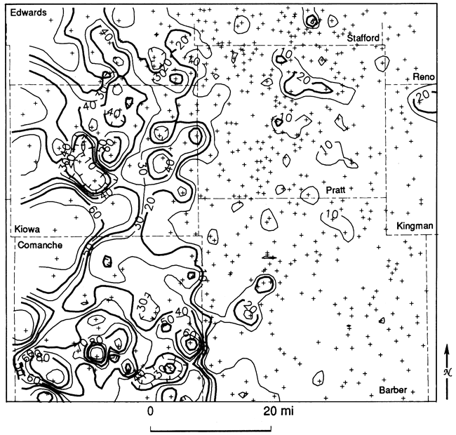 Carbonate of Simpson Group as thick as 8 feet in Comanche Co., drops to 30-40 feet to north in Kiowa and Edwards, thins away to east.