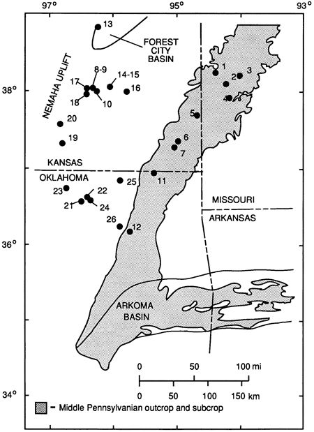 Middle Pennsylvanian outcrop belt runs from eastern Oklahoma through SE Kansas into western Missouri; sample points are in outcrop and between outcrop and Nemaha uplift.