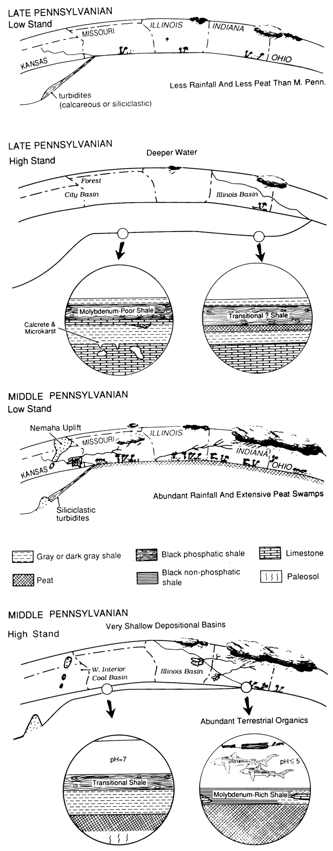 High- and low-stand conditions and resulting stratal succession in Middle and Late Pennsylvanian.