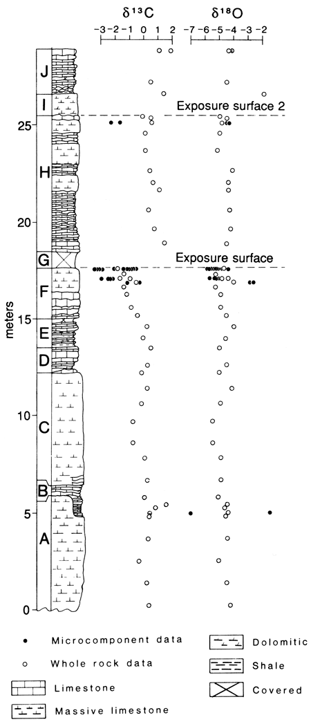 Stable-isotopic composition relative to stratigraphic position.