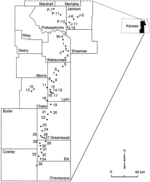 Sample localities located in eastern Kansas from Jackson and Pottawatomie south to Cowley and Elk counties.