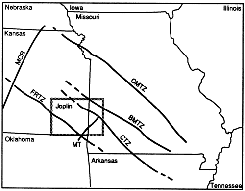 Joplin quad in SE Kansas and SW Missouri; east of Midcontinent rift, SW of Central Missouri tectonic zone.
