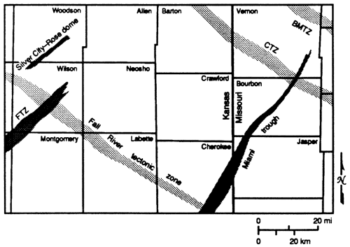 Miami trough across SE corner; Fall River tectonic zone across SW corner; Chesapeake and Bolivar-Mansfield tectonic zones across NE corner.