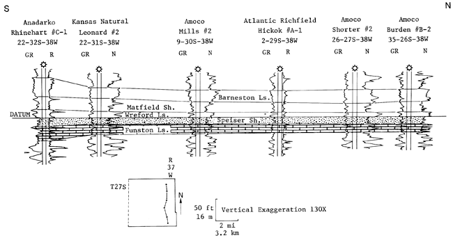 Cross section of 6 gamma ray and neutron or resistivity logs across eastern part of study area.